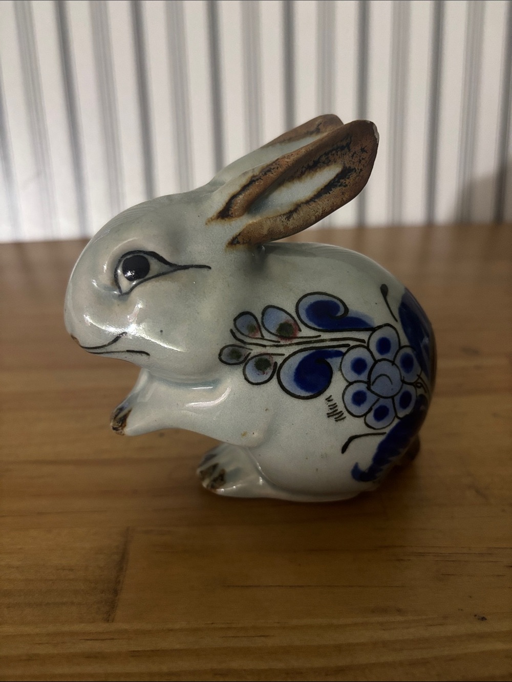 Hand-Painted Mexican Tonalá Pottery- Bunny in White and Blue